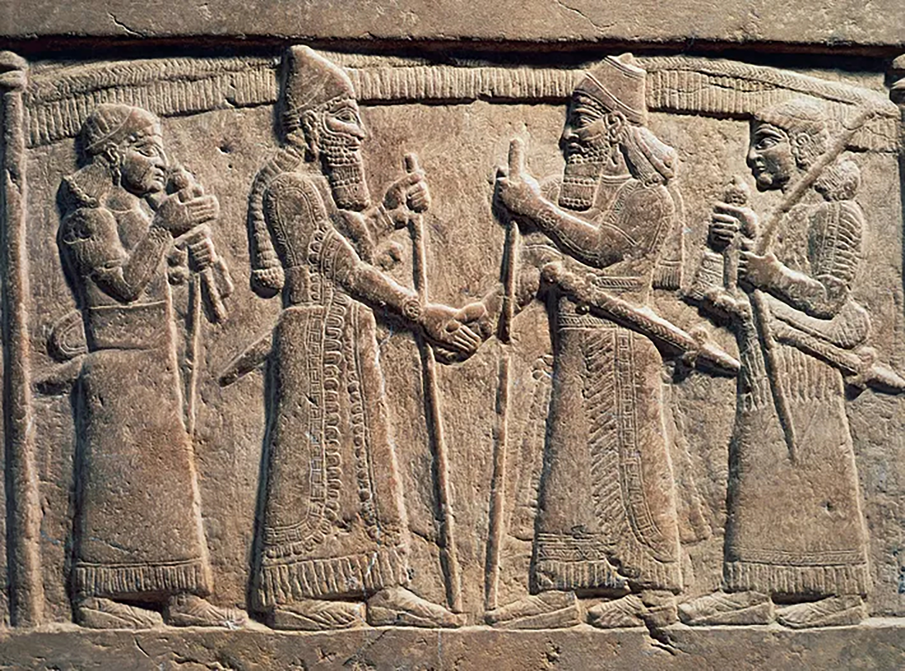 Assyrische koning Salmanasser III (858-824 v.Chr.) schudt hand Babylonier